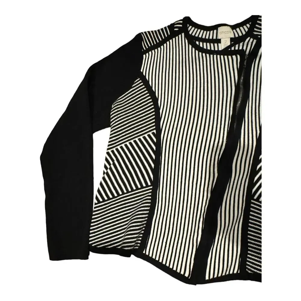 Chico's Natania Black/White Stripe asymmetrical Zip Up Cardigan Sweater size 12